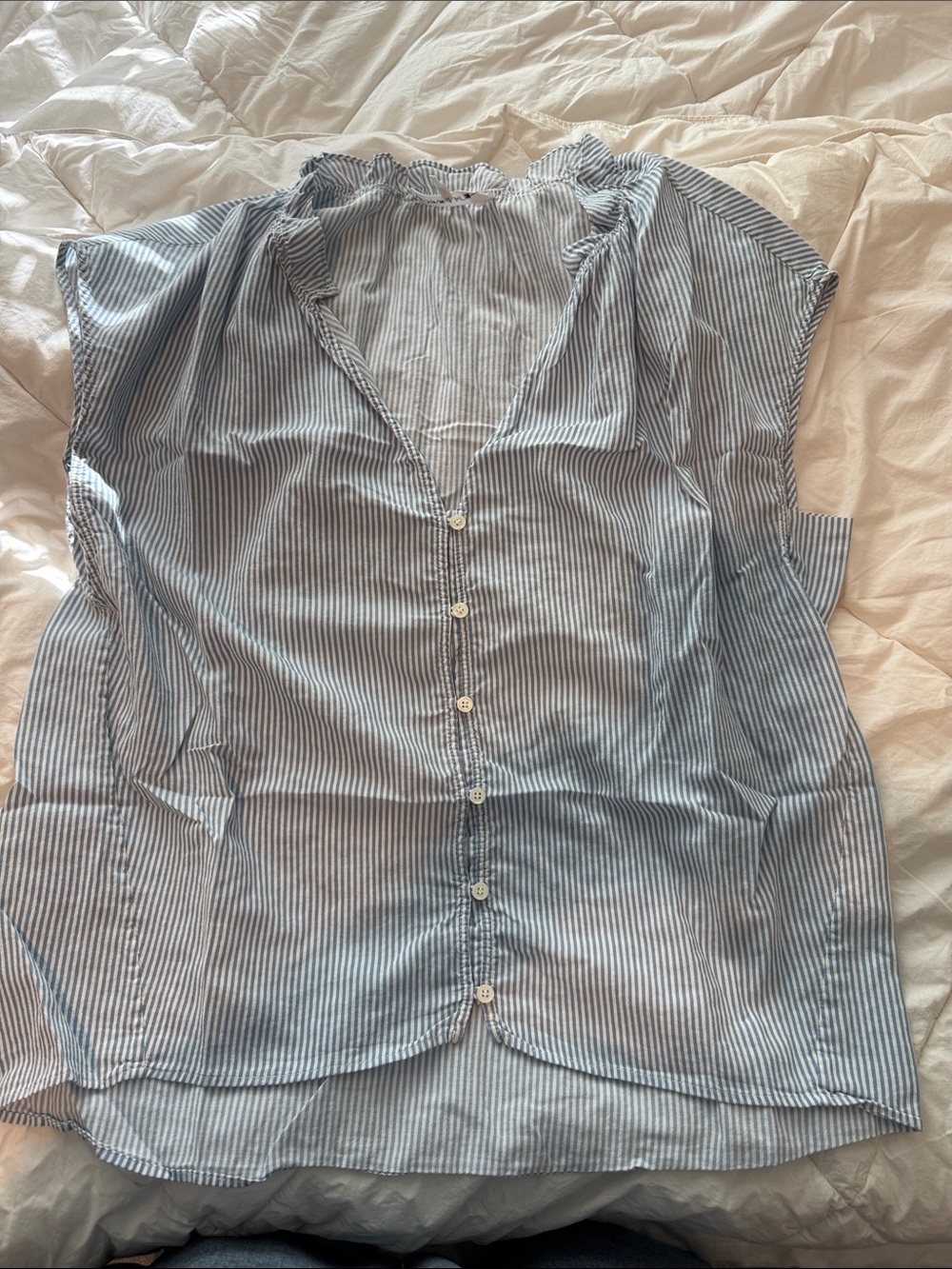 Frame Denim Blue and White Striped Button-Down Top